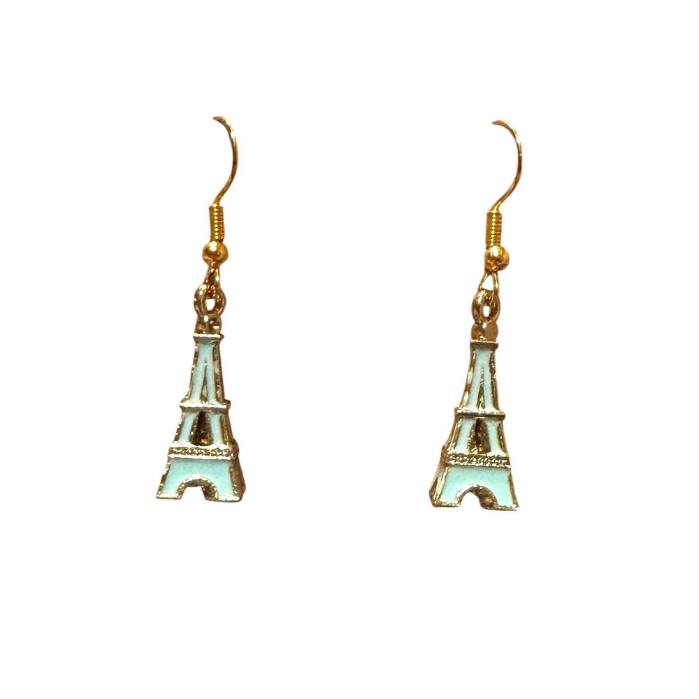 Enamel Blue Eiffel Tower Charm on 10kt Gold Earrings #2218